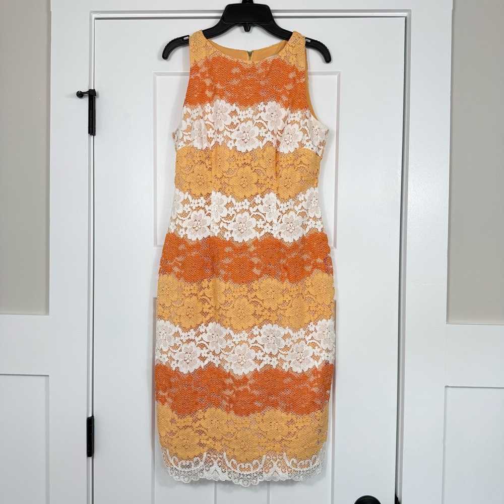New York & Company Sleeveless Lace Sheath Midi Orange White Yellow Womens Size 2